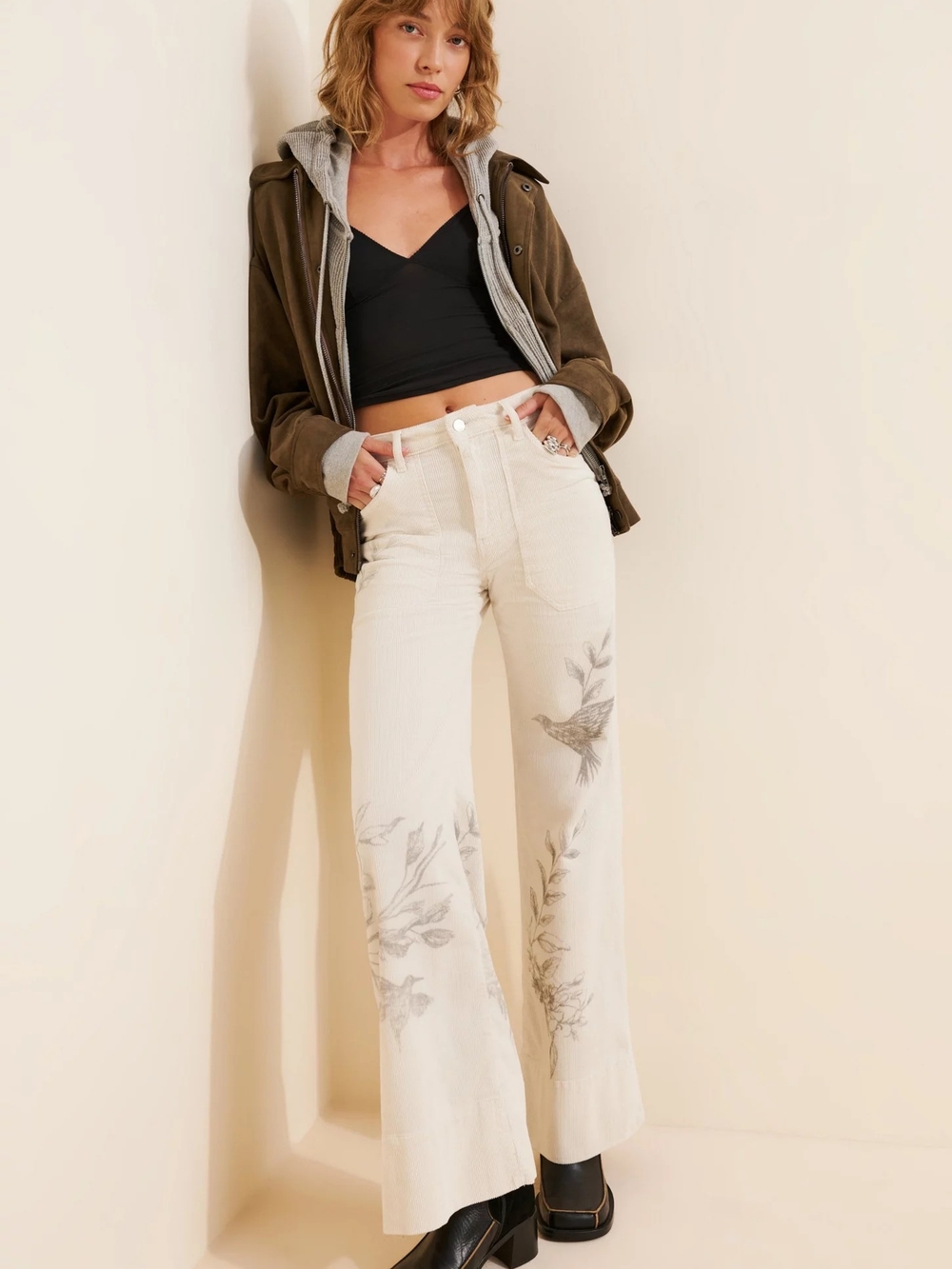 Pilcro The Rylan High Rise Bird Print Flare Corduroys